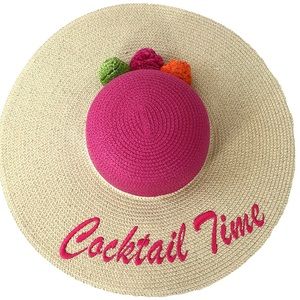 NWOT Wine Time Wide Brim Straw Pom Pom Hat